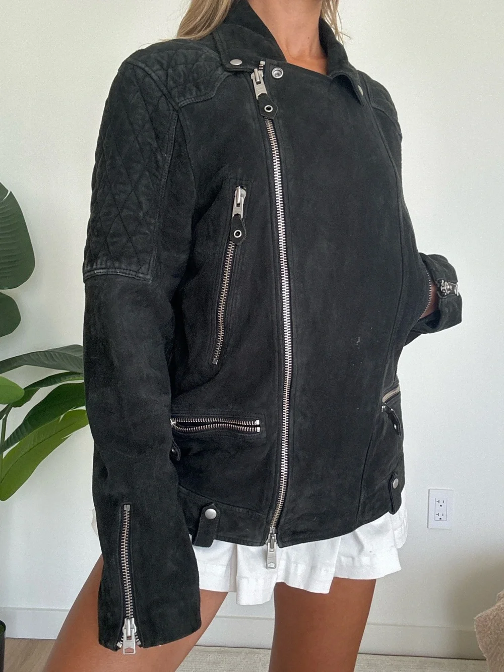 All Saints Men’s Black Quilted Suede Moto Jacket